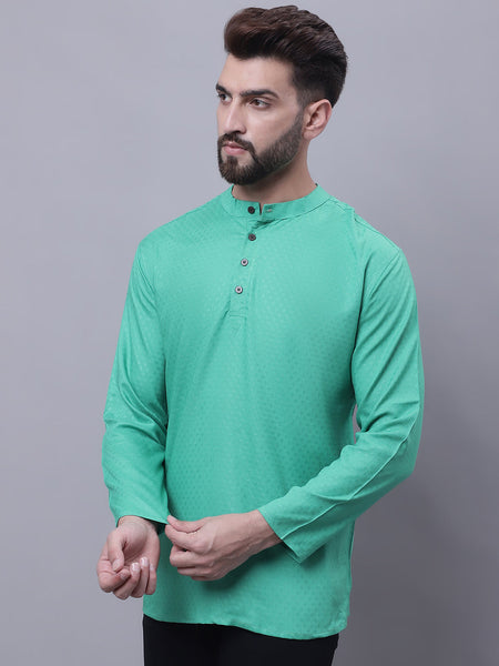 Even Apparels Green Pure Cotton Short Kurta With Band Collar