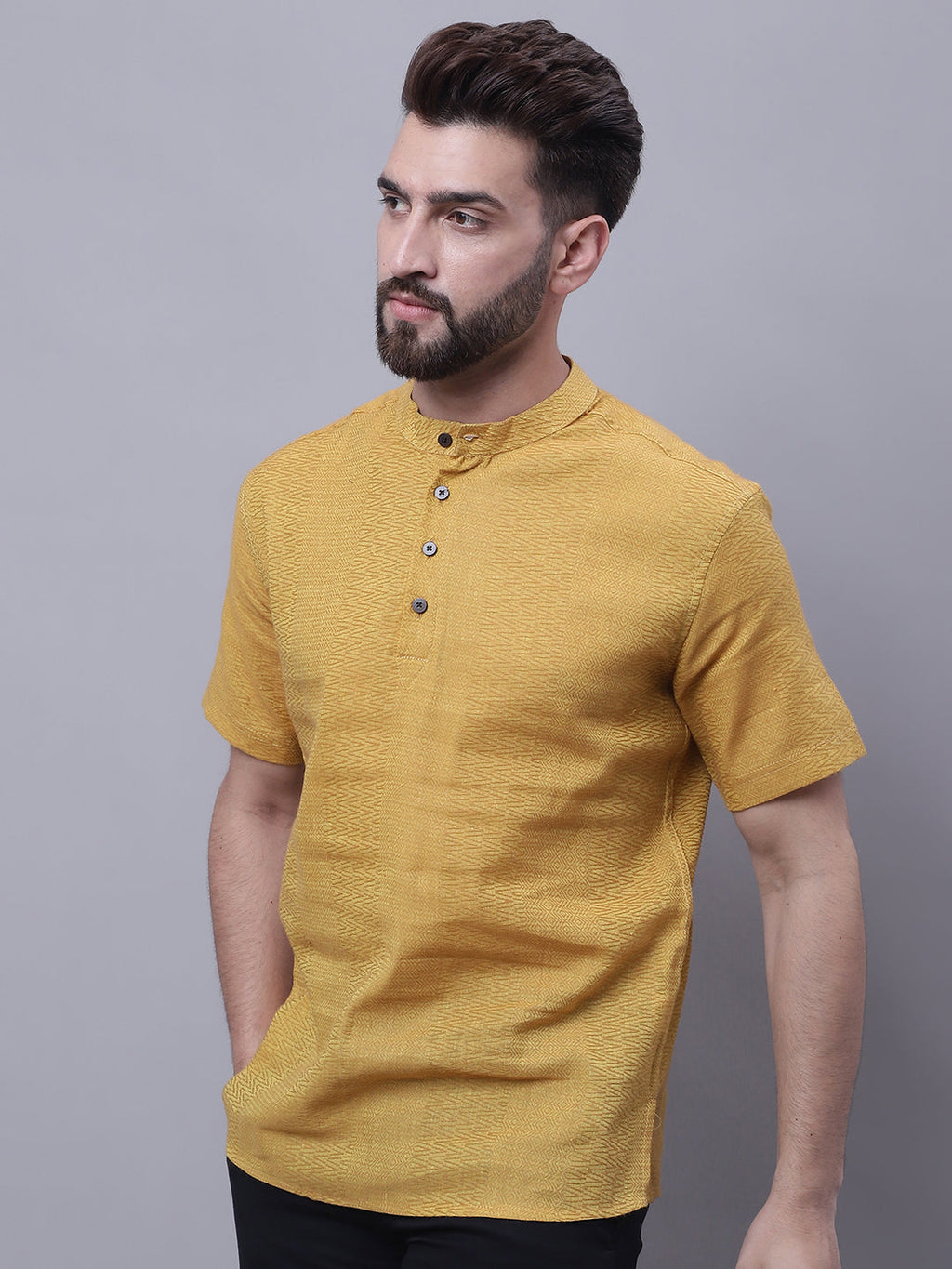 Even Apparels Yellow Pure Cotton Short Sleeves Kurta With Band Collar - Distacart