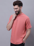 Even Apparels Peach Pure Cotton Short Sleeves Kurta With Band Collar - Distacart