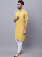 Even Apparels Yellow Pure Cotton Short Sleeves Kurta With Band Collar - Distacart