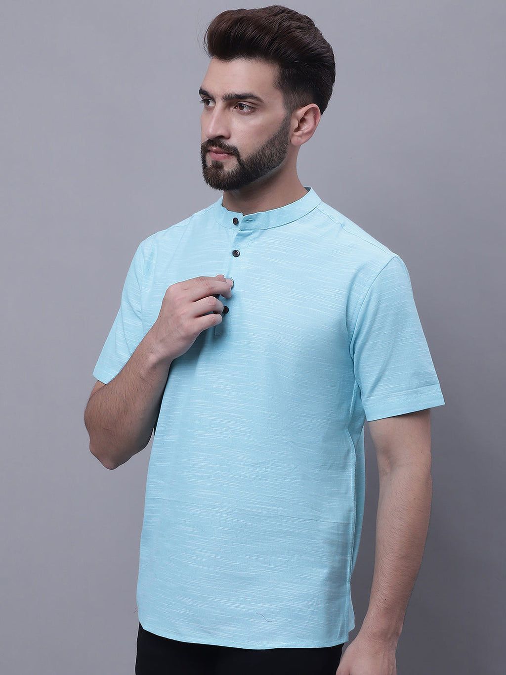 Even Apparels Blue Pure Cotton Short Kurta With Band Collar - Distacart