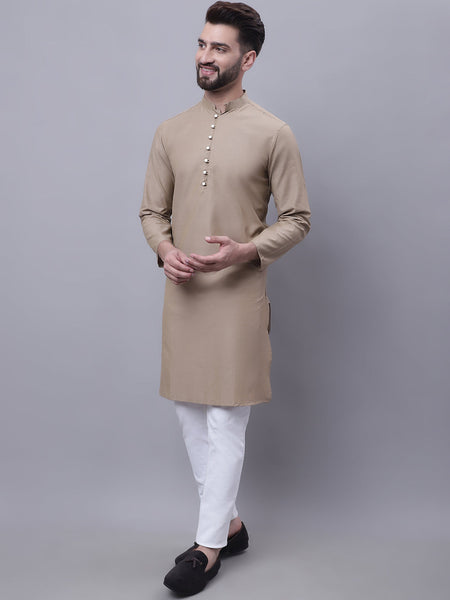Even Apparels Beige Pure Cotton Kurta With Band Collar