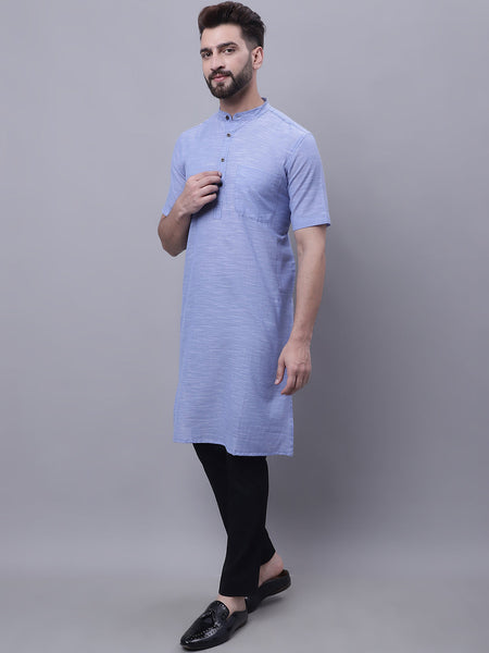 Even Apparels Blue Pure Cotton Short Sleeves Kurta With Band Collar