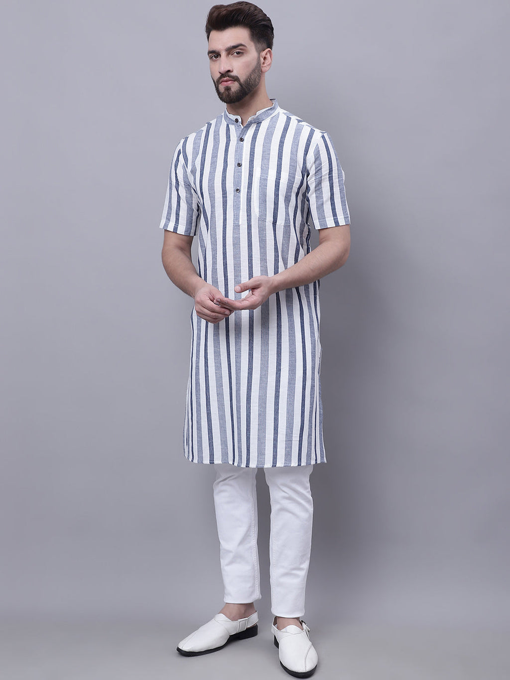 Even Apparels Grey Pure Cotton Short Sleeves Kurta With Band Collar - Distacart
