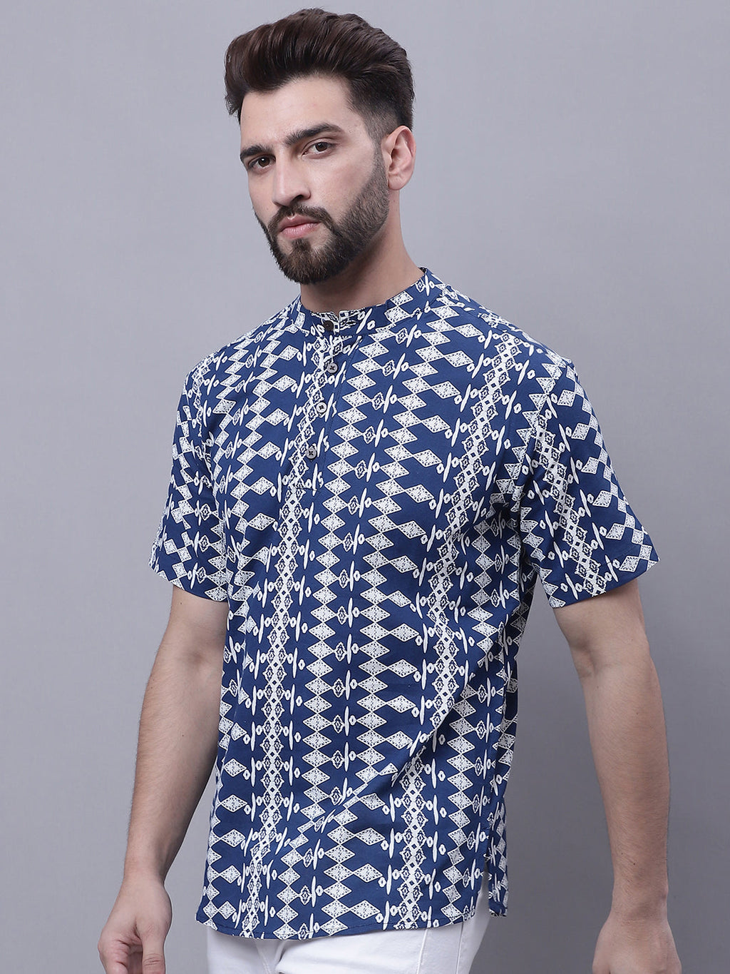 Even Apparels Blue Pure Cotton Short Kurta With Band Collar - Distacart