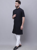 Even Apparels Black Pure Cotton Short Sleeves Kurta With Band Collar