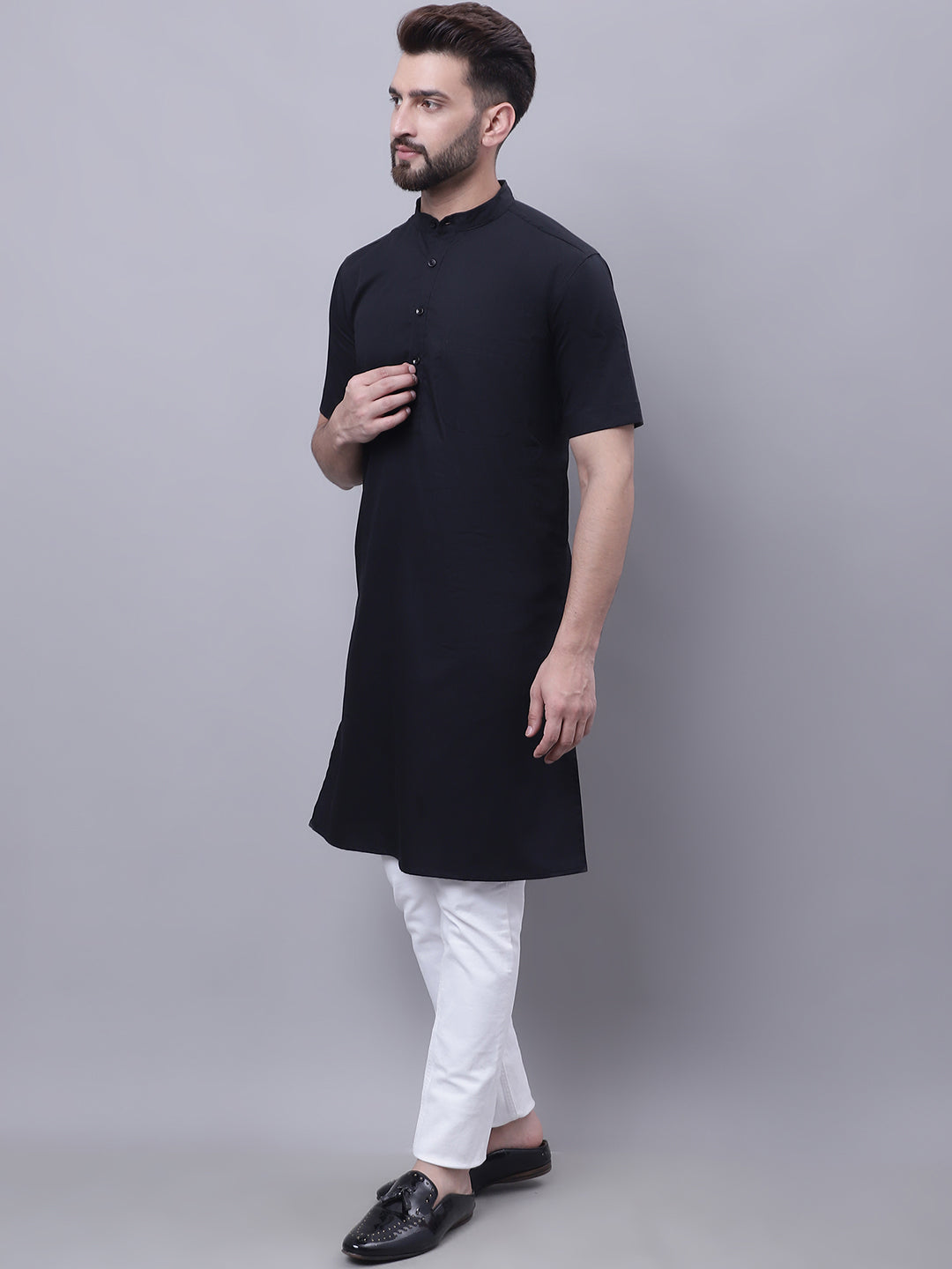 Even Apparels Black Pure Cotton Short Sleeves Kurta With Band Collar