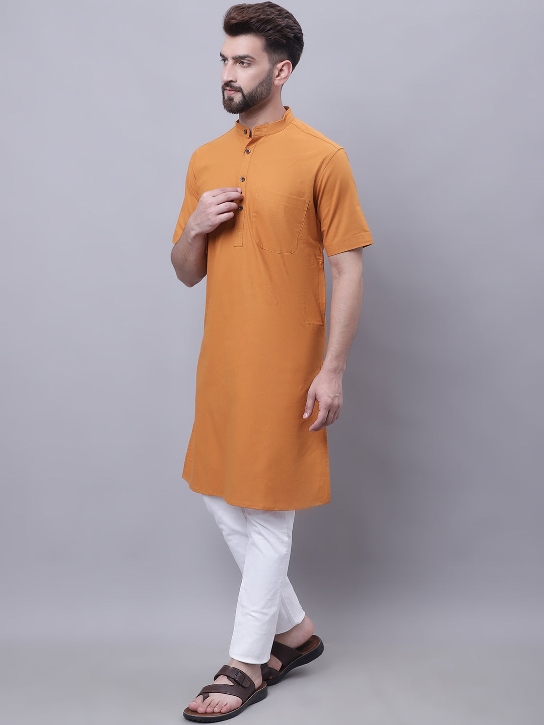 Even Apparels Yellow Pure Cotton Short Sleeves Kurta With Band Collar - Distacart