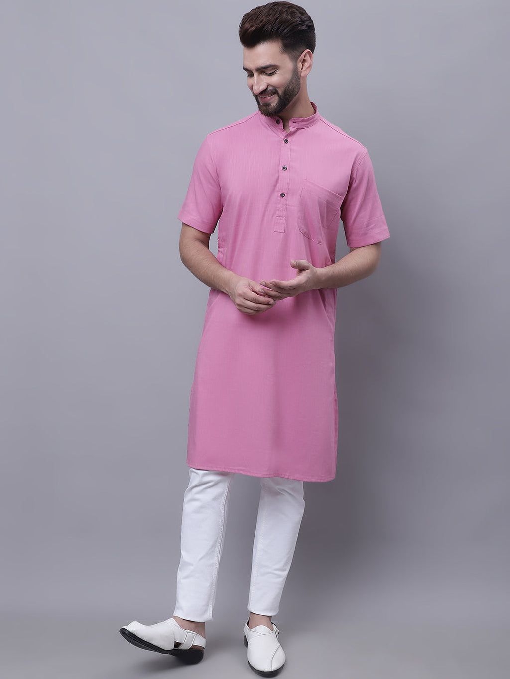 Even Apparels Pink Pure Cotton Short Sleeves Kurta With Band Collar - Distacart