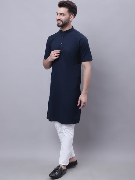 Even Apparels Blue Pure Cotton Short Sleeves Kurta With Band Collar