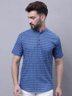 Even Apparels Blue Pure Cotton Short Kurta With Band Collar - Distacart