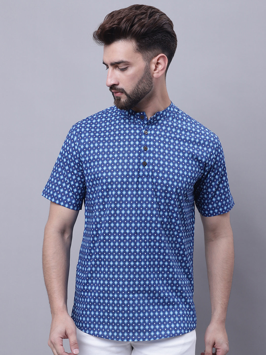 Even Apparels Blue Pure Cotton Short Kurta With Band Collar - Distacart