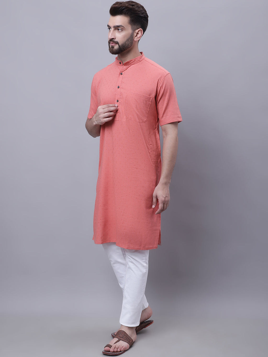 Even Apparels Peach Pure Cotton Short Sleeves Kurta With Band Collar - Distacart