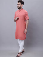 Even Apparels Peach Pure Cotton Short Sleeves Kurta With Band Collar - Distacart