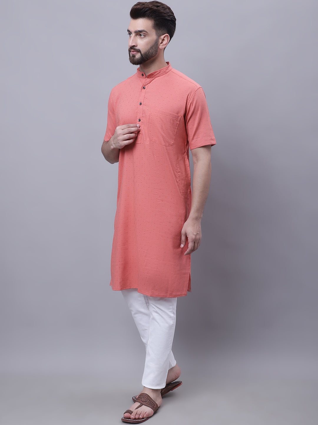 Even Apparels Peach Pure Cotton Short Sleeves Kurta With Band Collar - Distacart