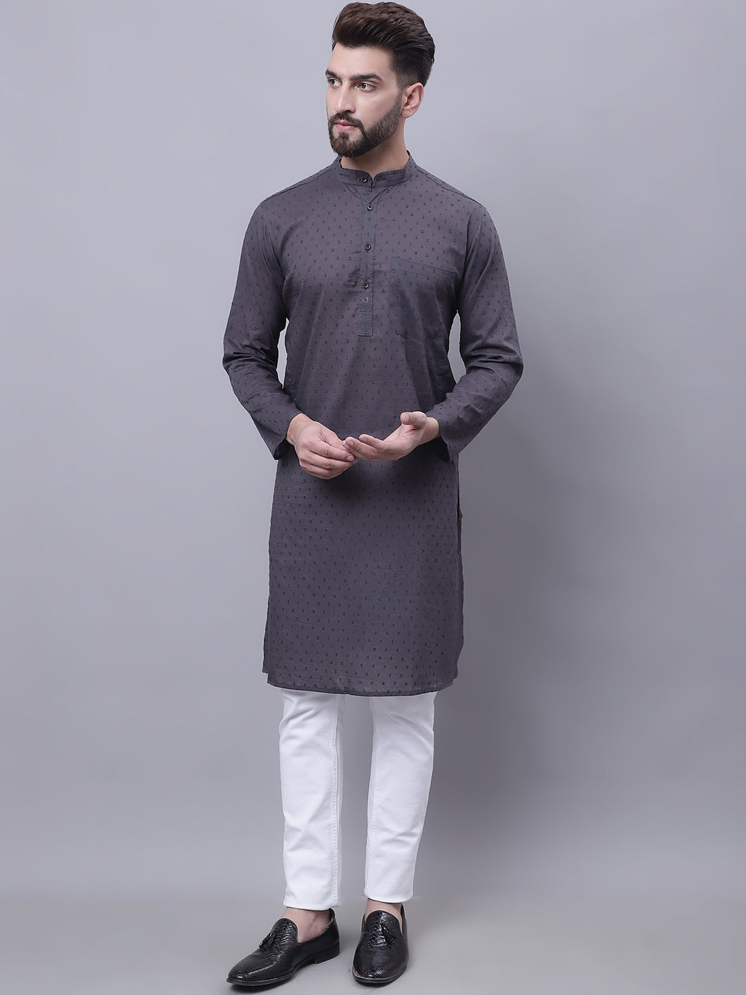 Even Apparels Grey Pure Cotton Kurta With Band Collar - Distacart