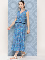 InWeave Women's Sapphire Blue Floral Paisley Print Long Frill Dress - Distacart