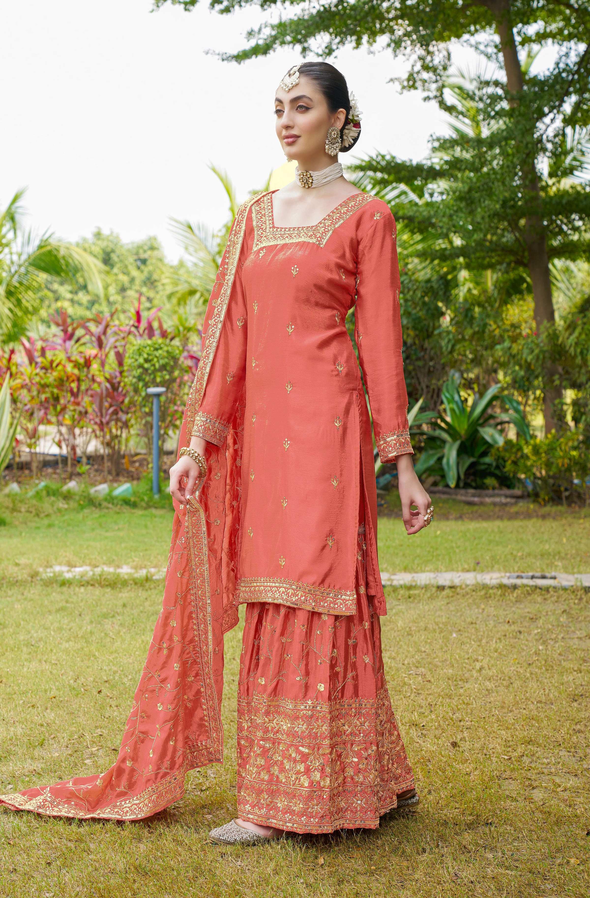 Teeya Creation Orange Color Chinon Silk Heavy Embroidery Work Fully Stitched Salwar Suit - Distacart