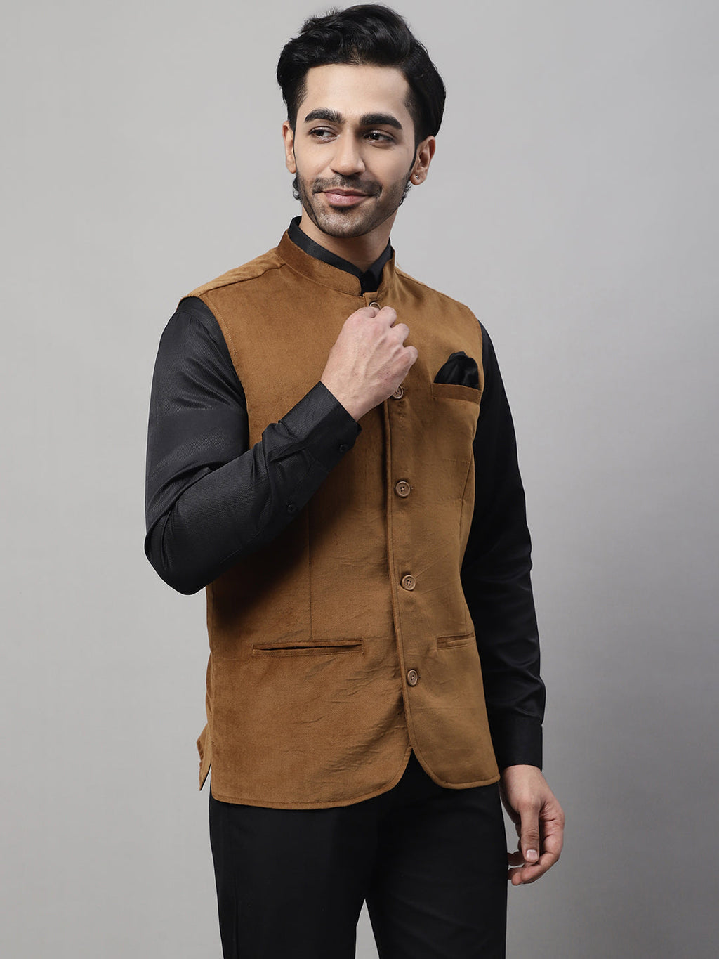 Even Apparels Men's Brown Nehru Jacket With Welt Pockets