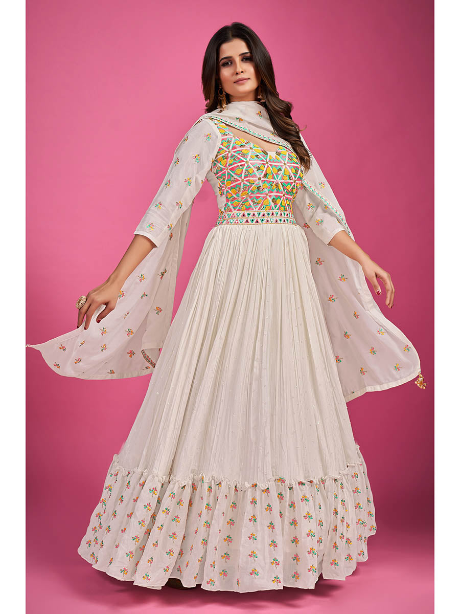 Myra White Chinon Silk Embroidered Gown - Distacart