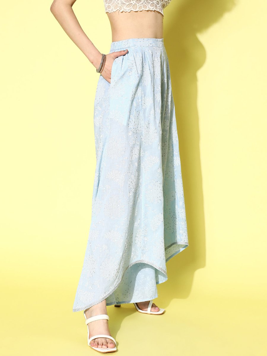 Ahalyaa Women Off White & Blue Floral Printed Flared Ethnic Palazzos