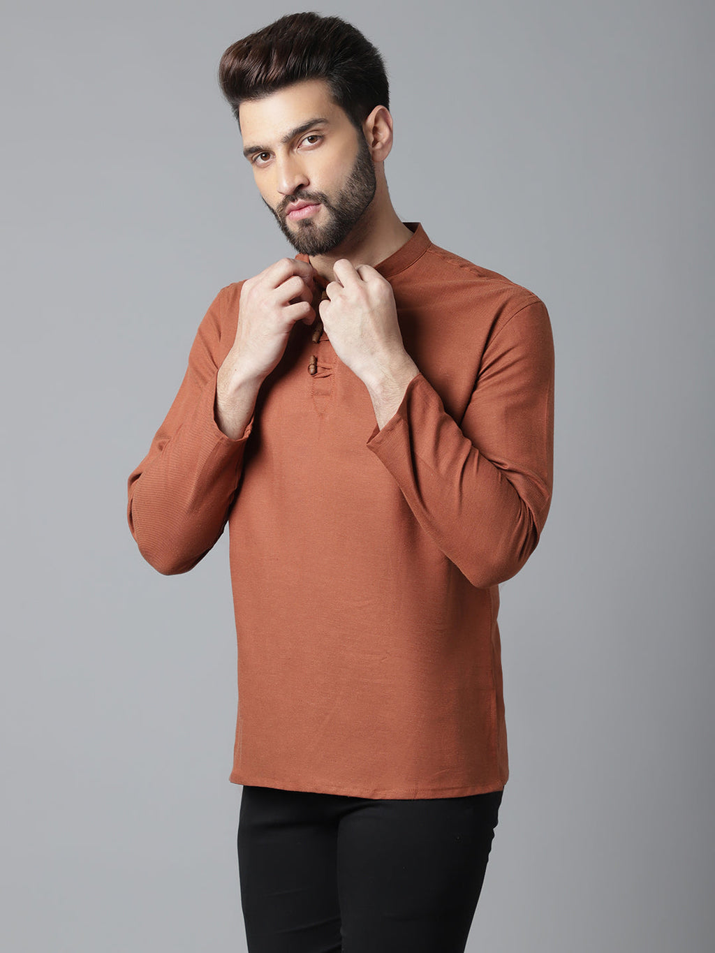 Even Apparels Rust Pure Cotton Kurta With Band Collar - Distacart