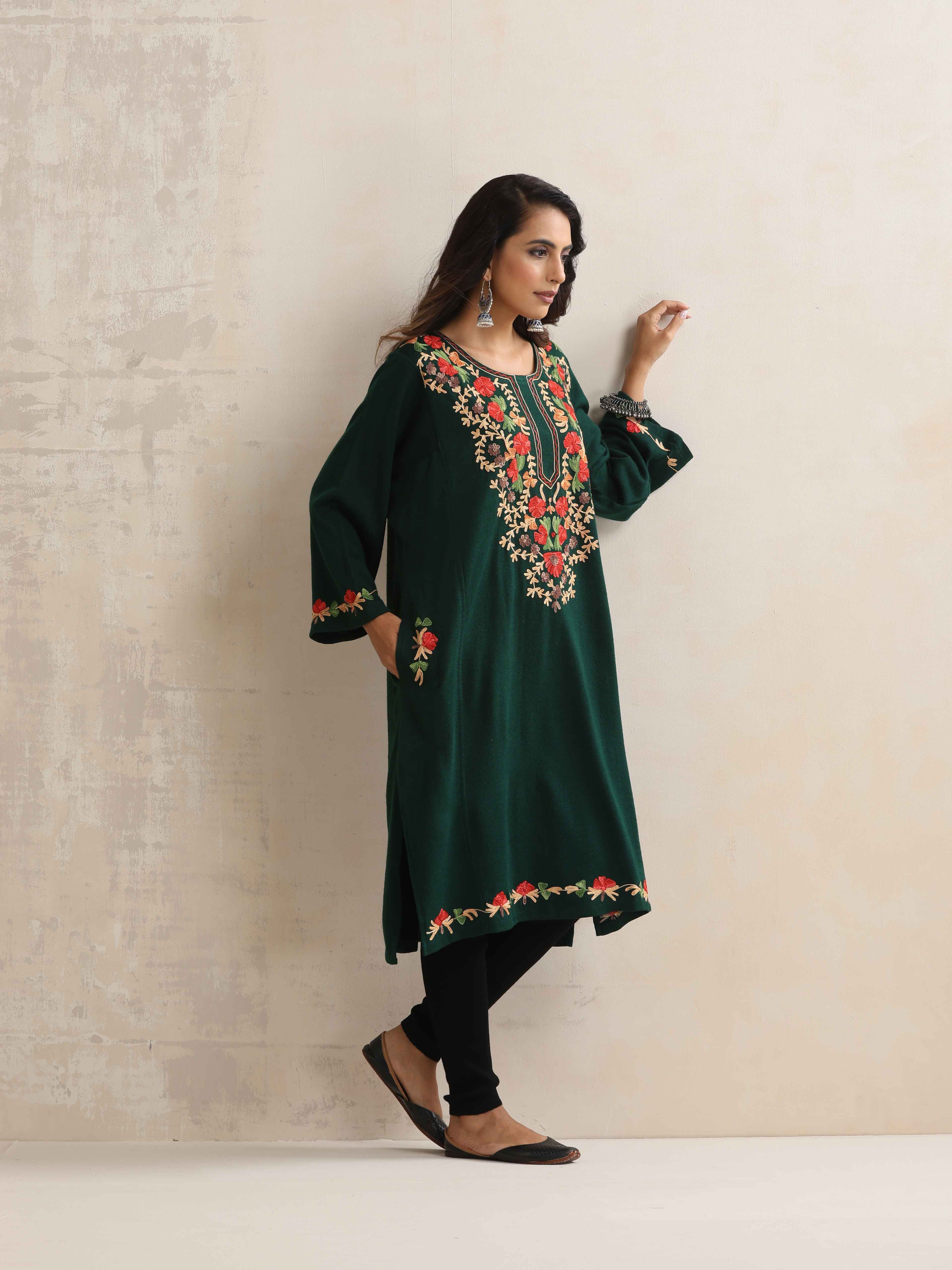 trueBrowns Green Kashmiri Floral Embroidered Woollen Phiran Kurta - Distacart