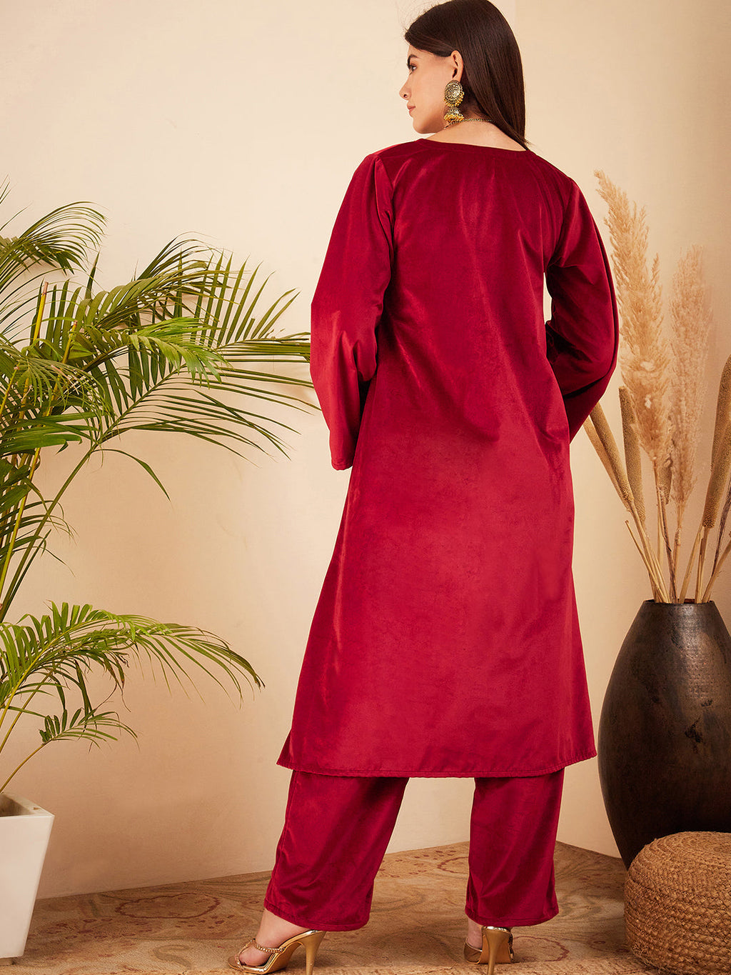 InWeave Women's Barn Red V Neck Asymmetrical Pleated Velvet Kurta Set