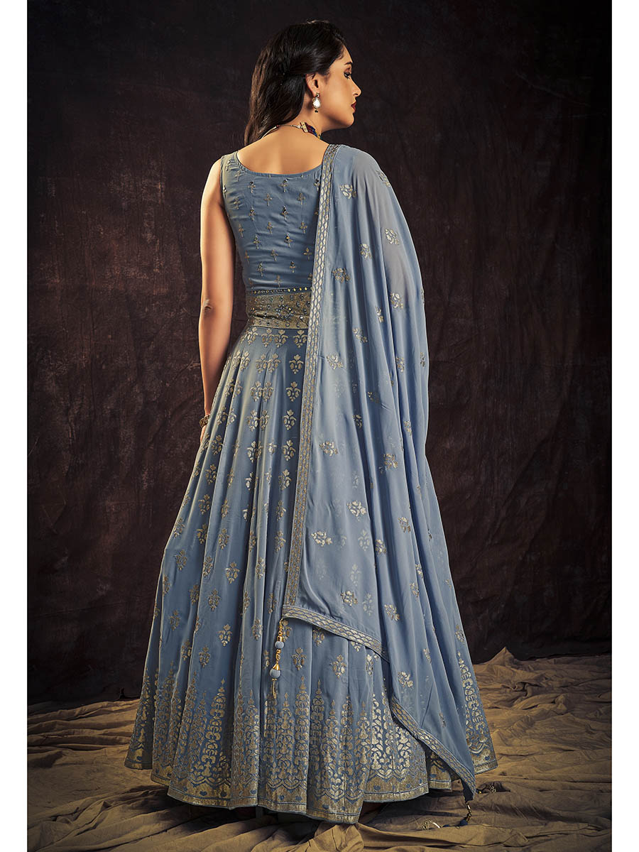 Myra Blue Real Georgette Designer Gown Style Suit - Distacart