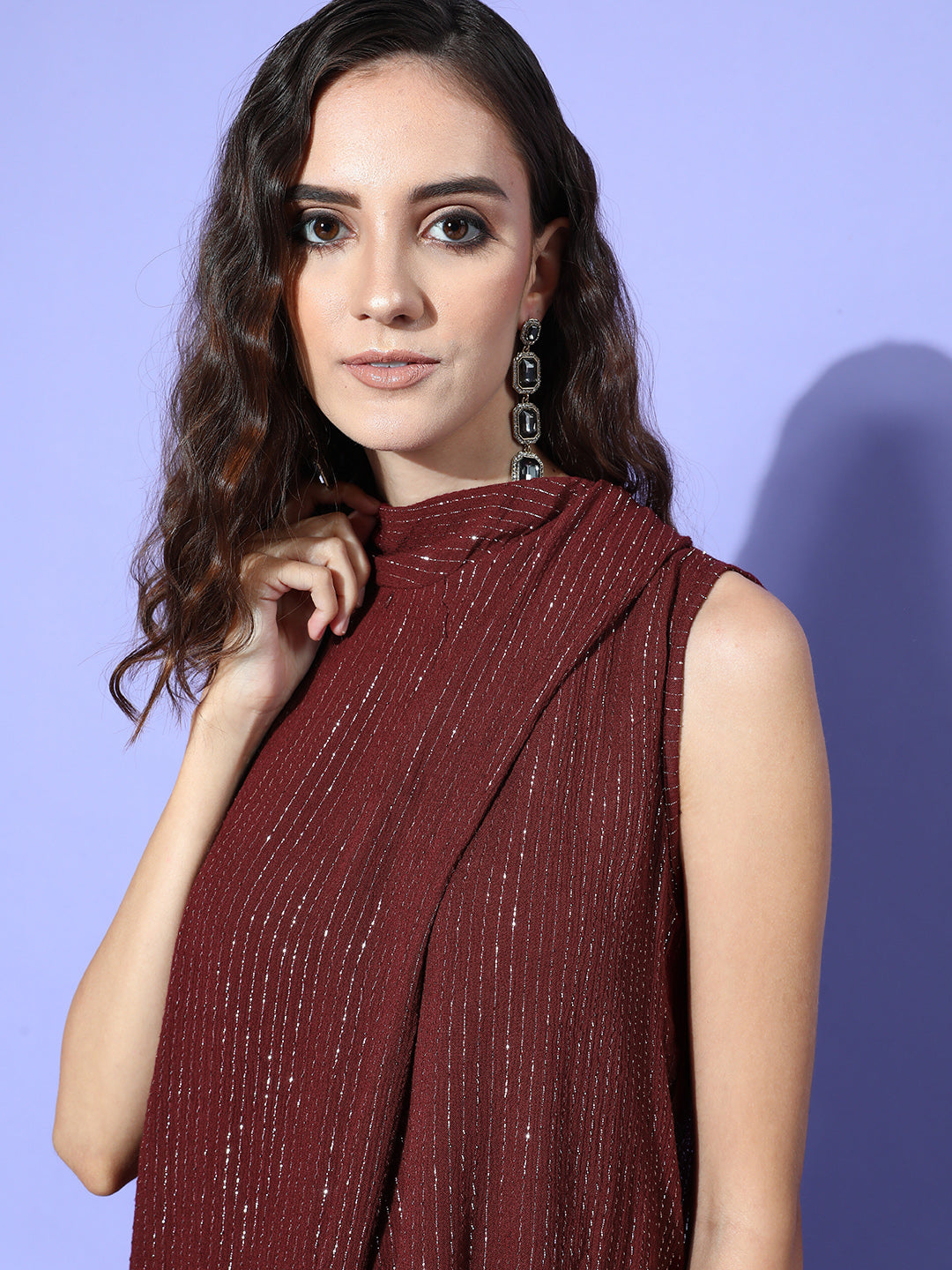 InWeave Women's Maroon Lurex Tie Up Top