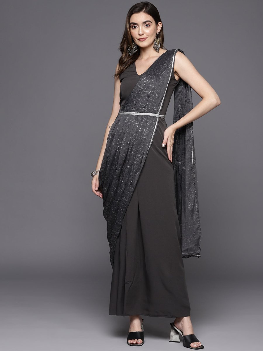 Ahalyaa Abstract Print Layered Crepe Ethnic Dress - Distacart