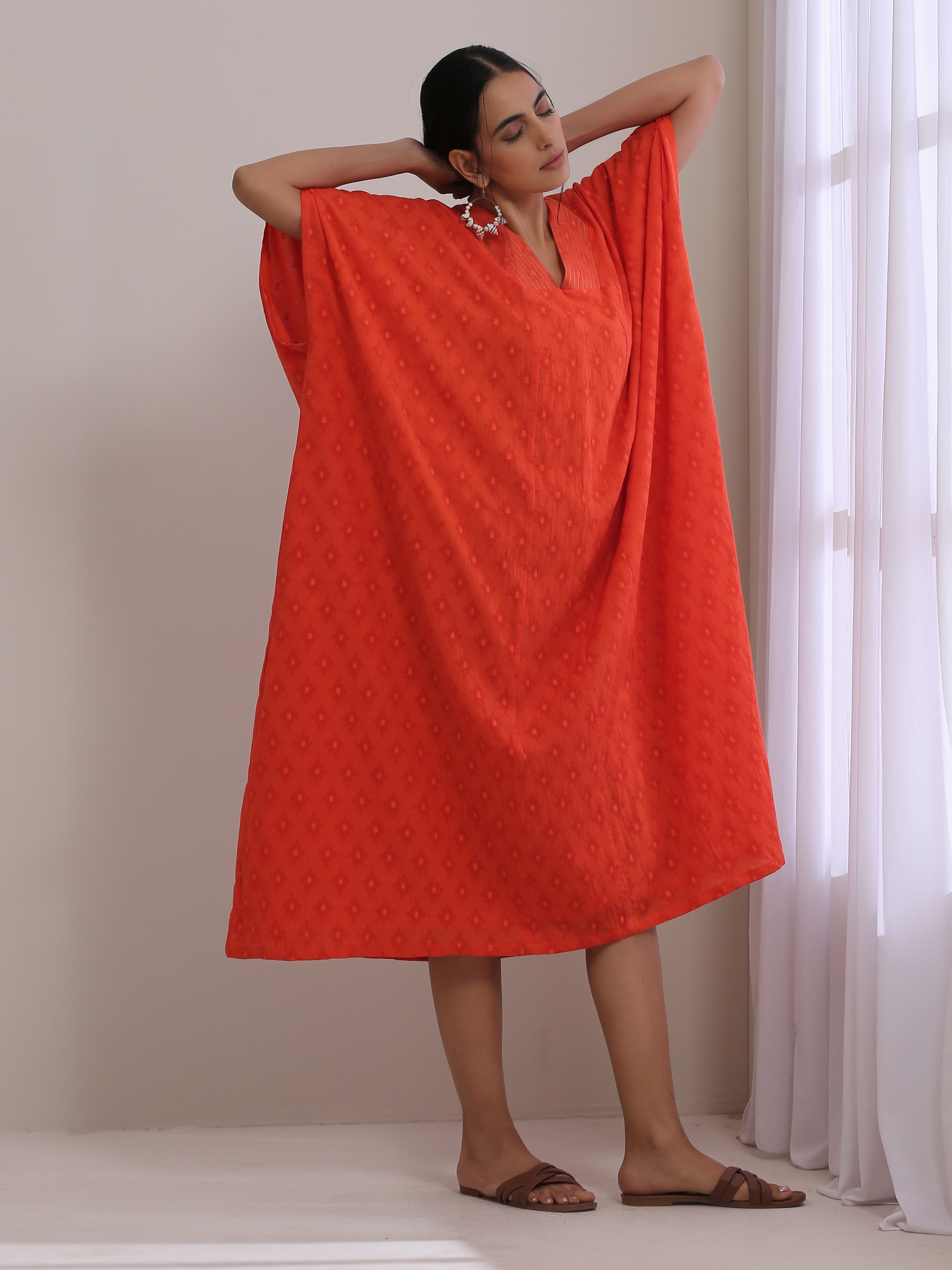 trueBrowns Orange Dobby Panel Kaftan Dress - Distacart