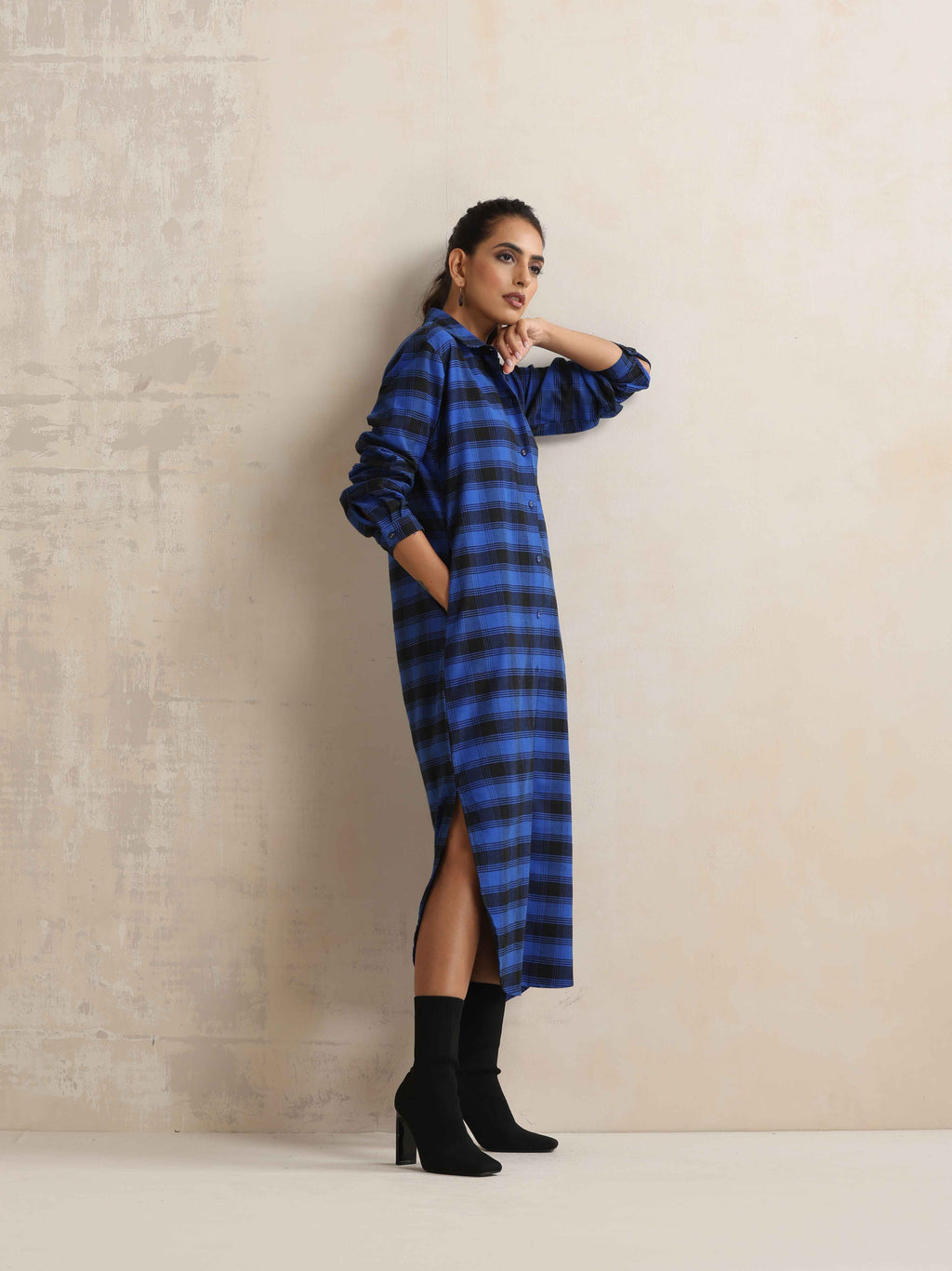 trueBrowns Blue Check Winter Shirt Dress - Distacart