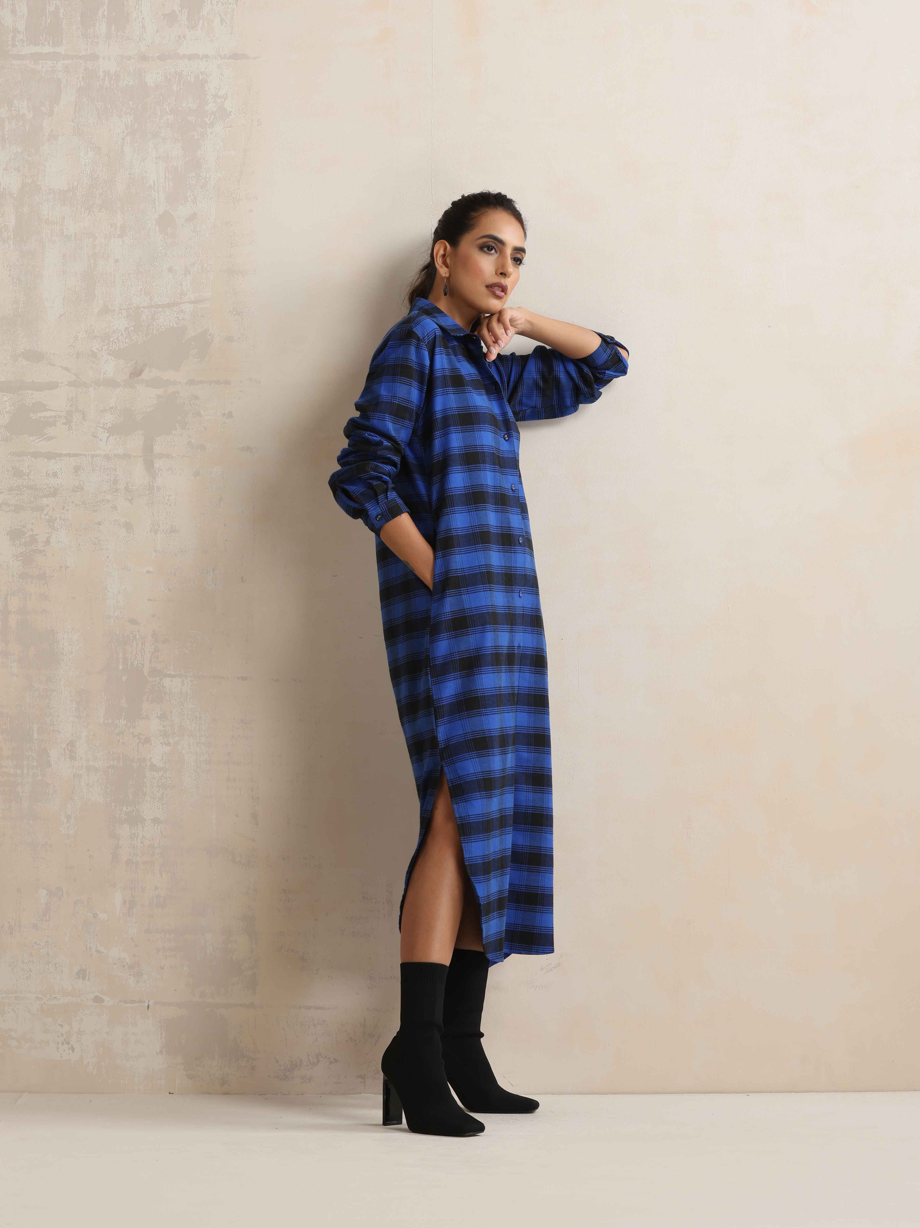 trueBrowns Blue Check Winter Shirt Dress - Distacart