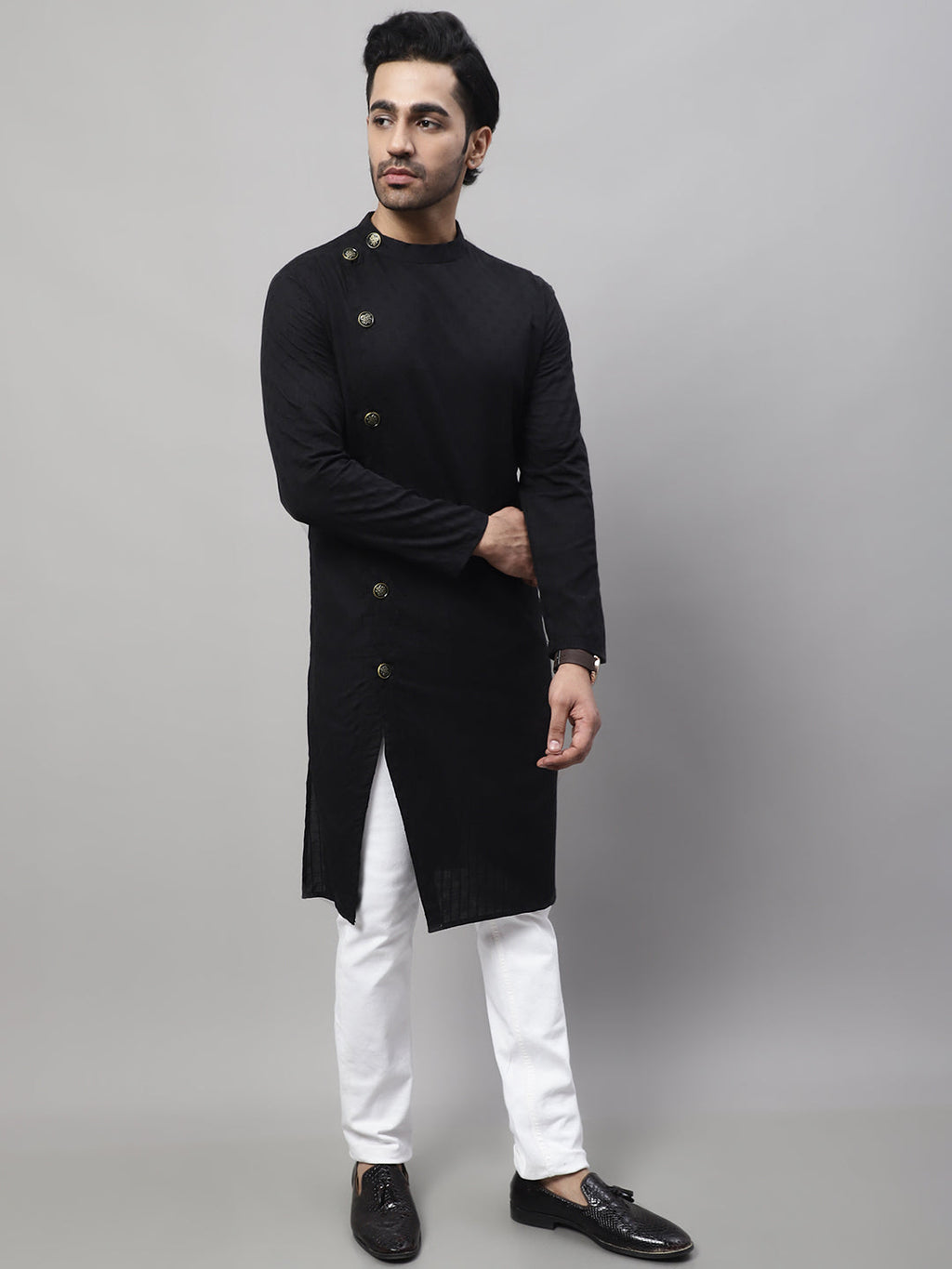 Even Apparels Black Pure Cotton Kurta With Band Collar