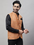 Even Apparels Men's Orange Nehru Jacket With Welt Pockets