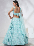 House of Panchhi Turquoise Blue Georgette Sequins And Thread Embroidery Lehenga Choli & Dupatta