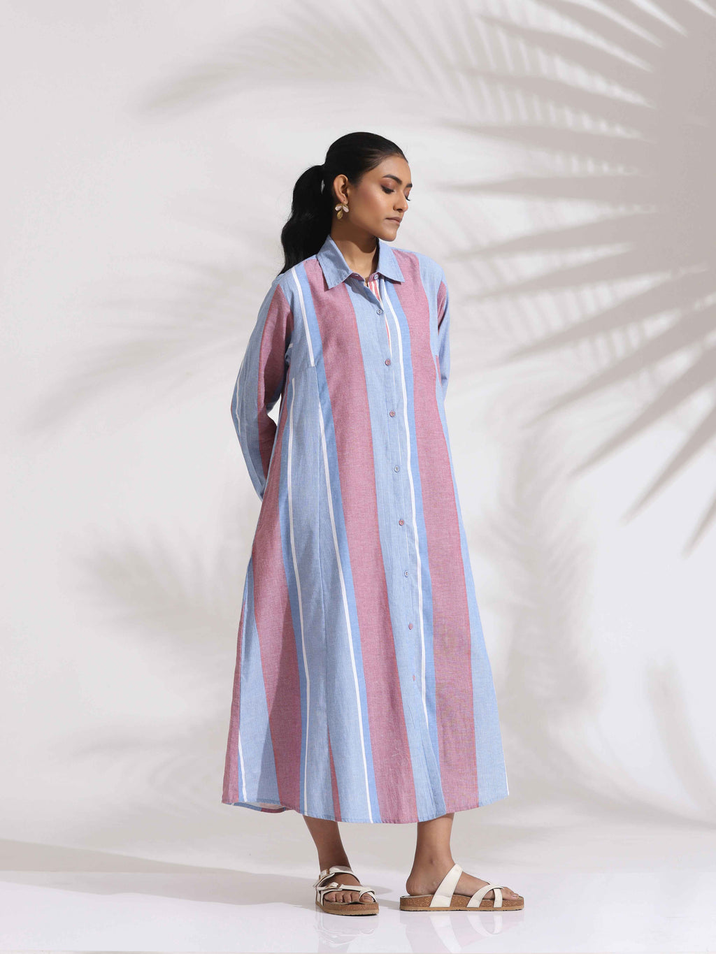 trueBrowns Blue Cotton Stripe Flared Shirt Dress - Distacart