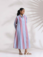 trueBrowns Blue Cotton Stripe Flared Shirt Dress - Distacart