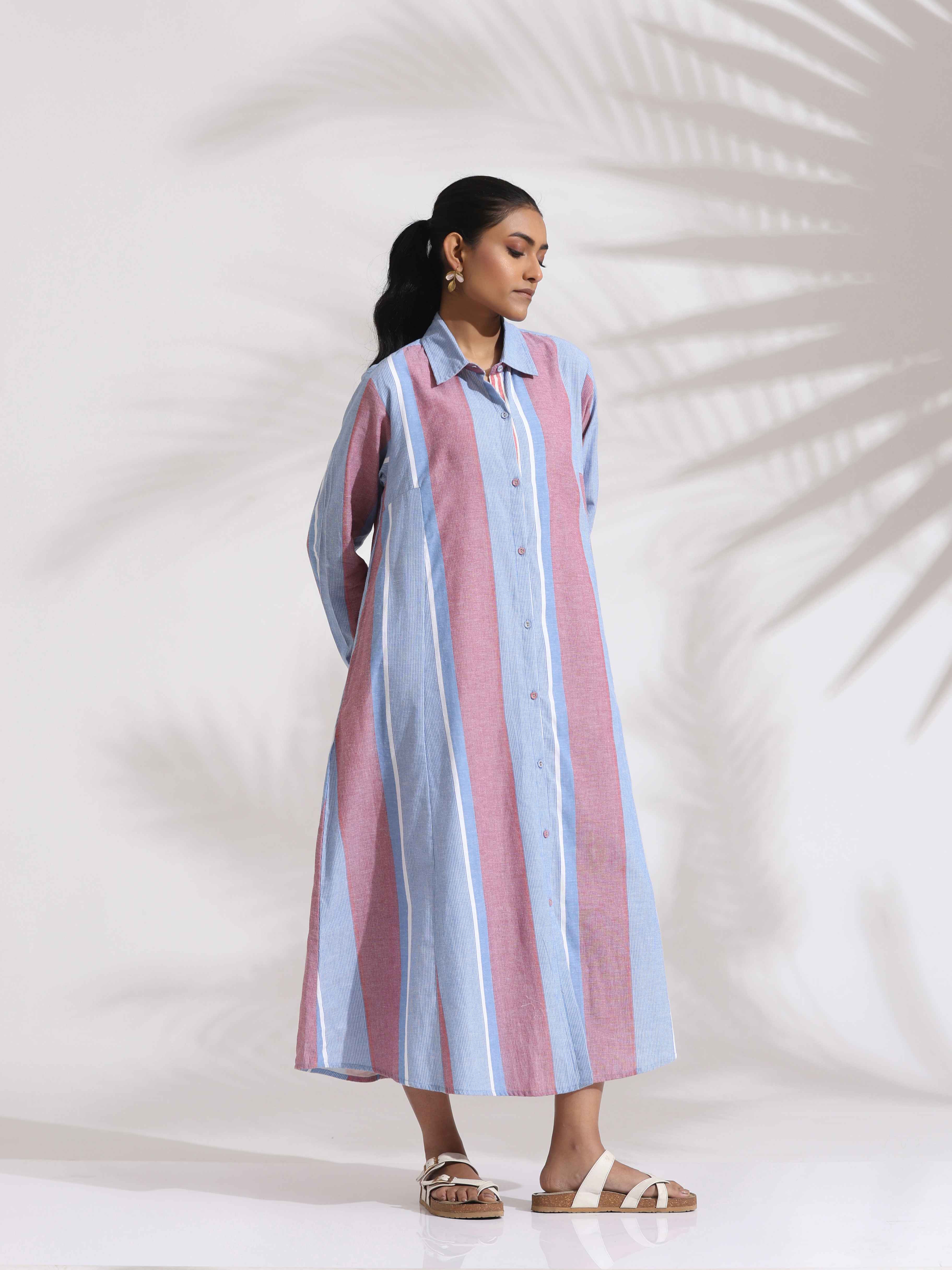 trueBrowns Blue Cotton Stripe Flared Shirt Dress - Distacart