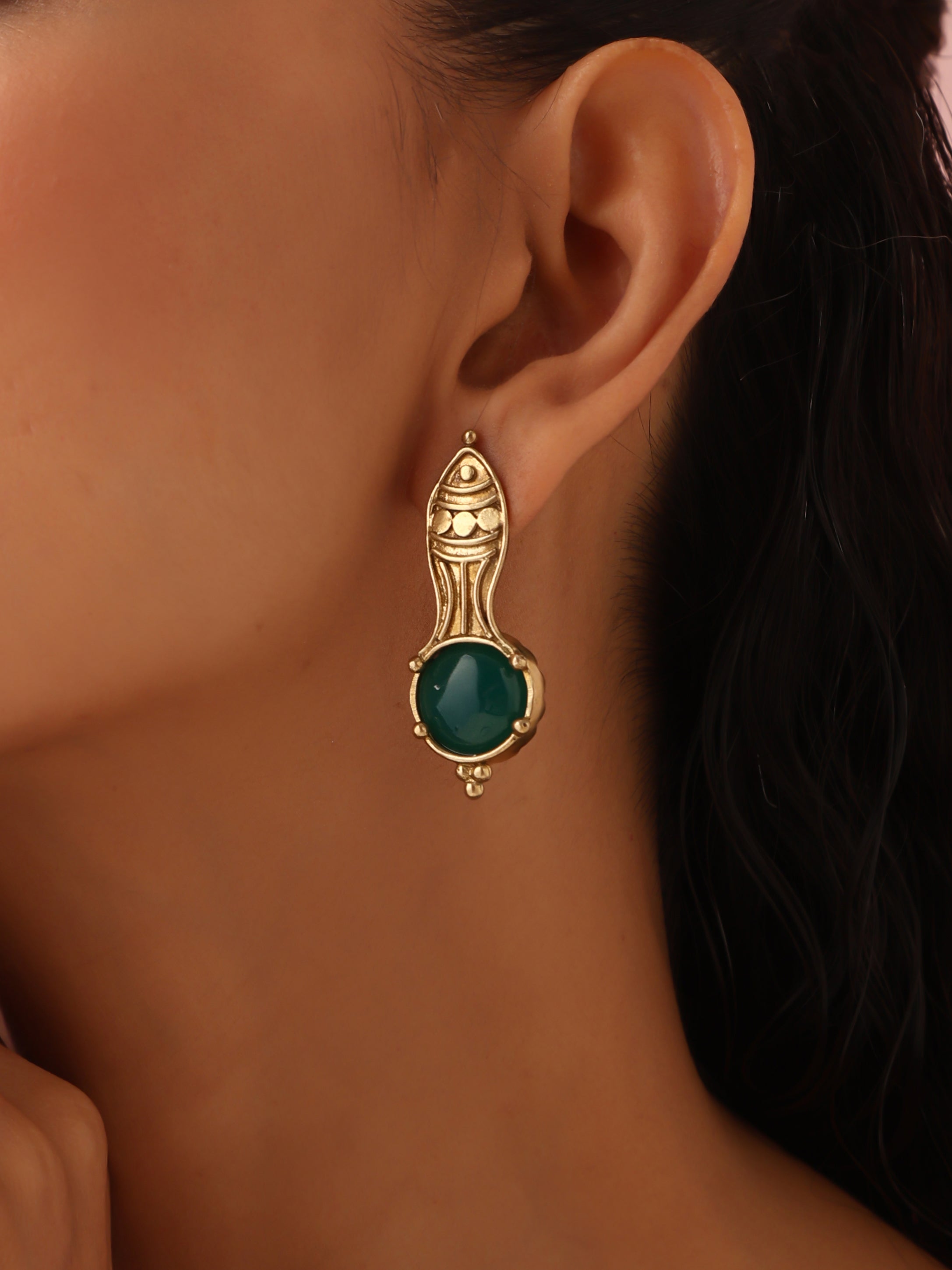 trueBrowns Brass Green Stone Abstarct Earrings - Distacart