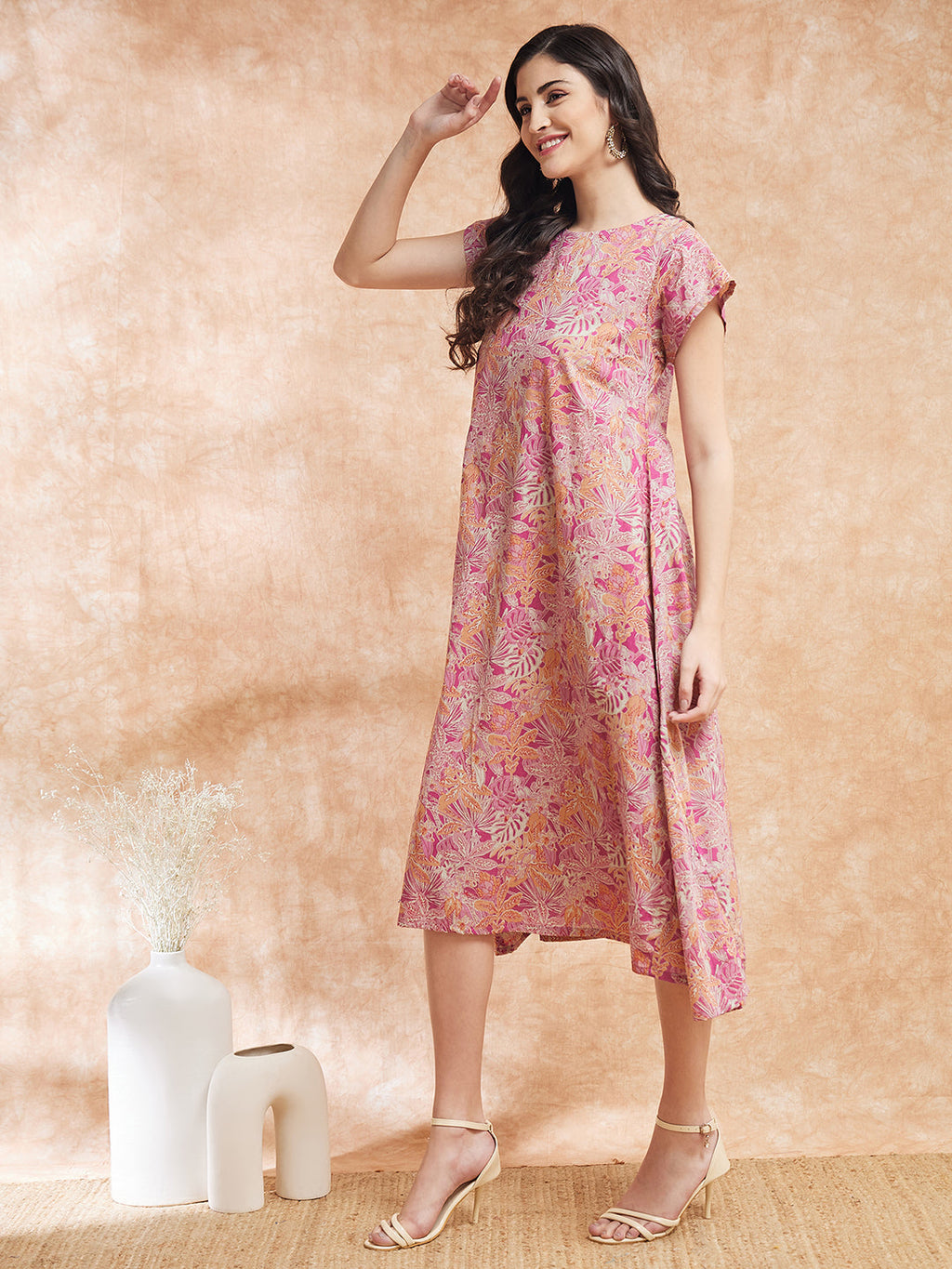 InWeave Women's Pink Coral Floral Print A Line Dress - Distacart