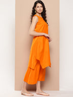 InWeave Women's Tangy Orange Short Pallazo Set W Green Or Dupatta