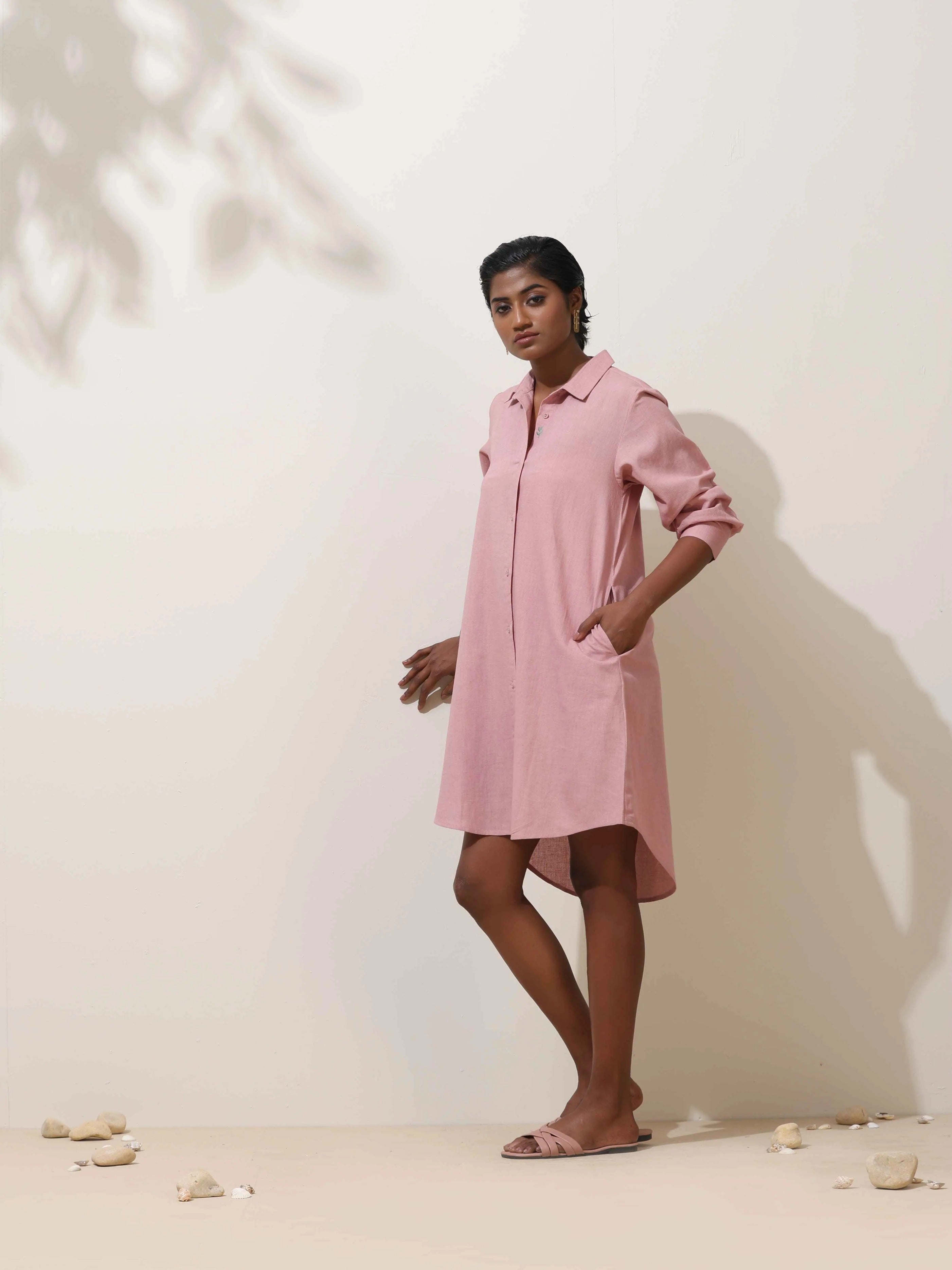 trueBrowns Pink Cotton Linen Dress - Distacart