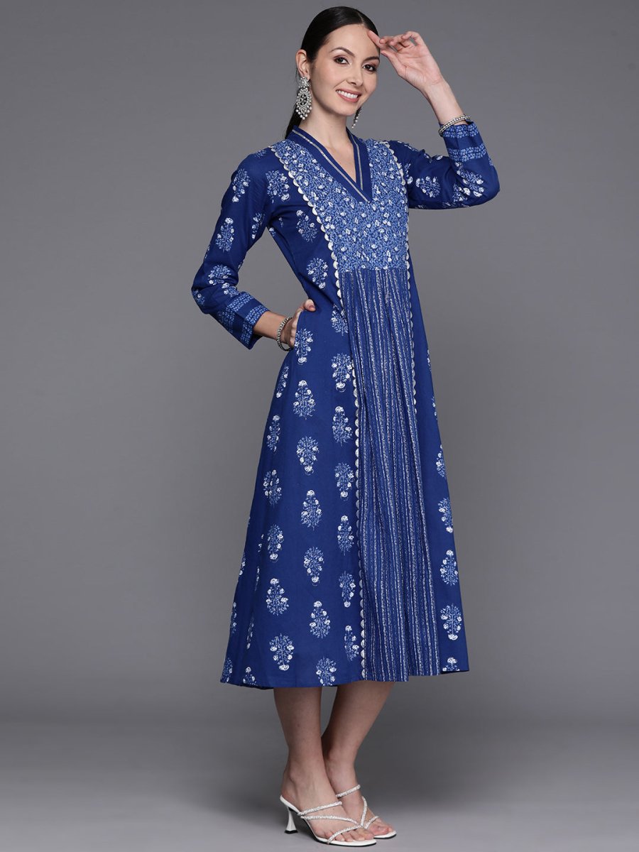 Ahalyaa Floral Print Midi Pure Cotton Ethnic Dress with Lace Inserts Detail - Distacart