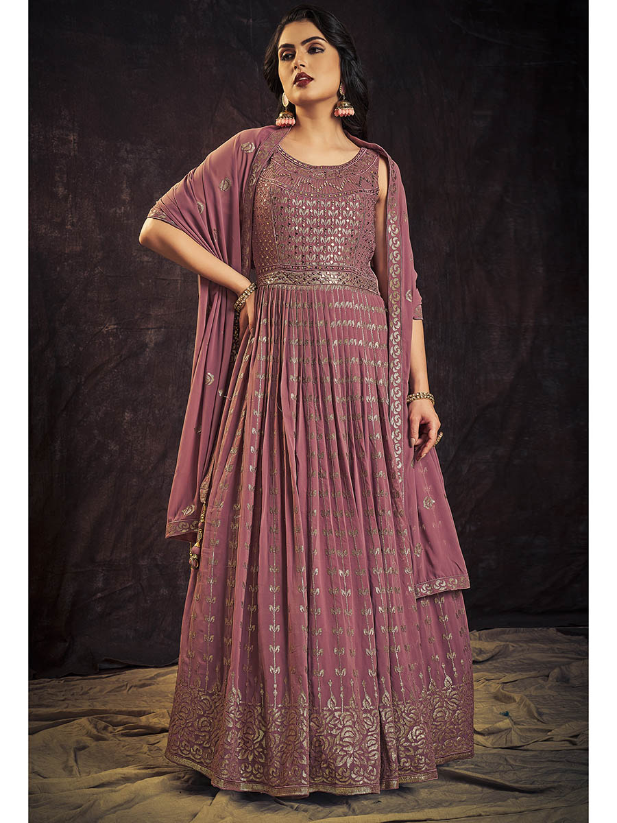 Myra Mauve Real Georgette Designer Gown Style Suit - Distacart