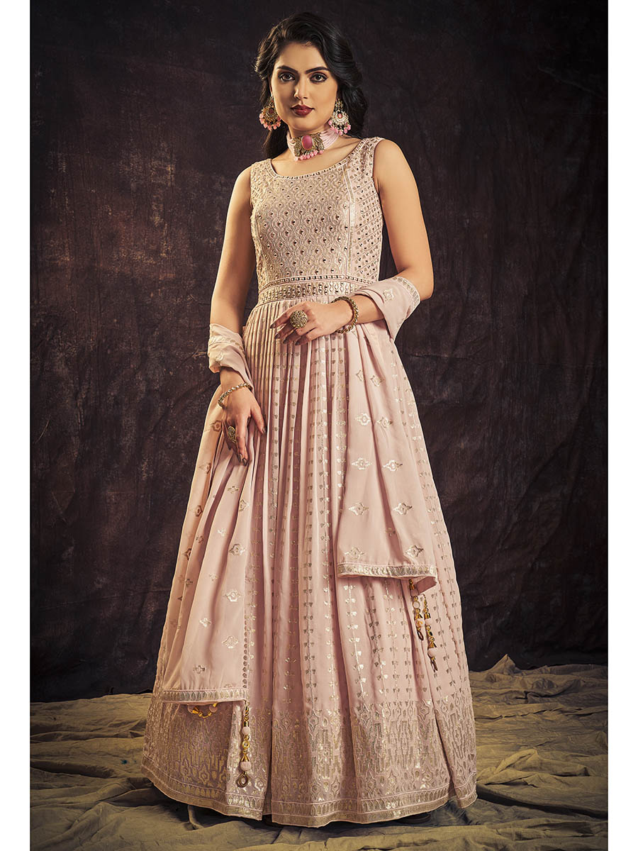 Myra Baby Pink Real Georgette Designer Gown Style Suit - Distacart