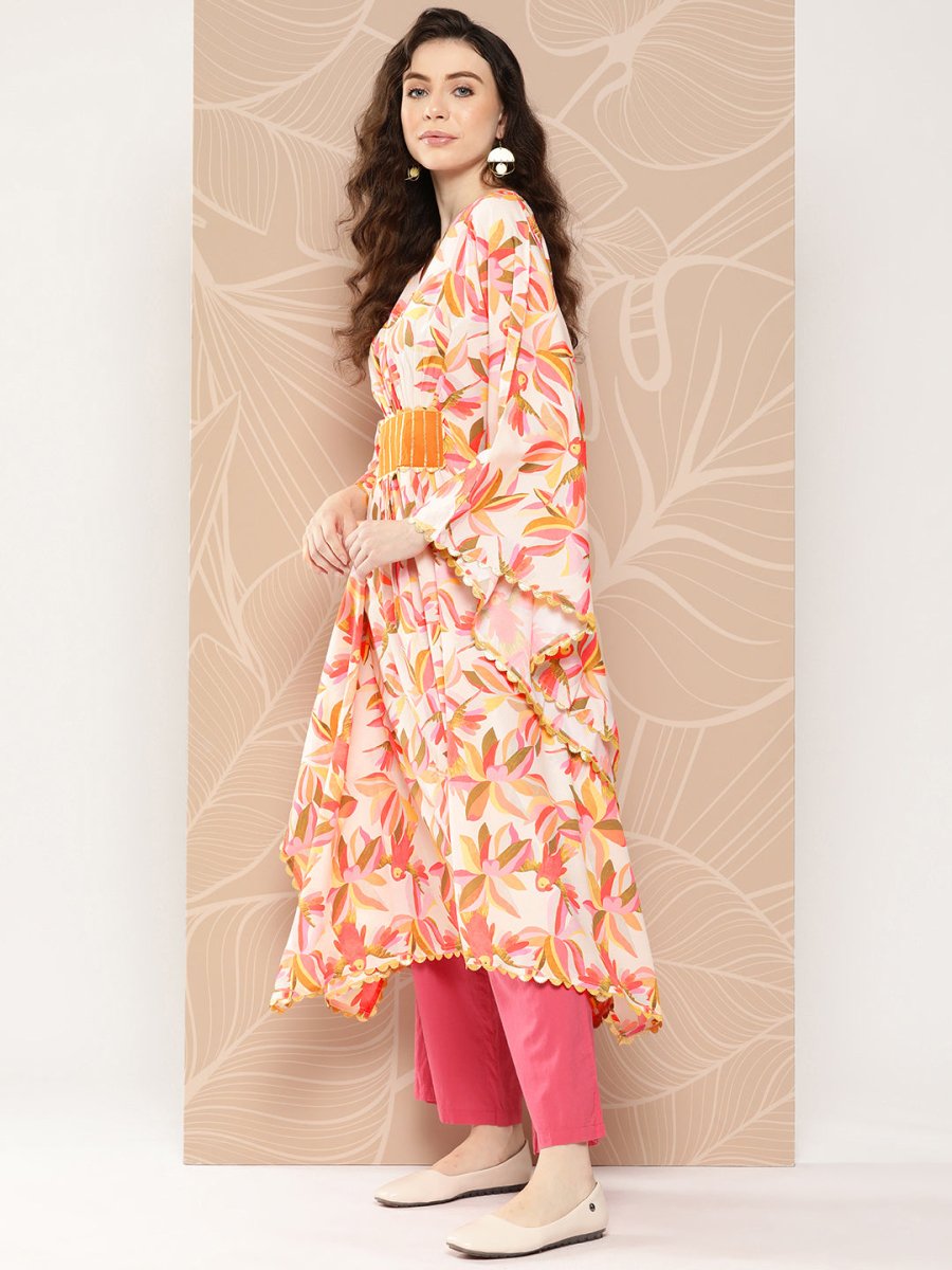 Ahalyaa Women Floral Printed Flared Sleeves Gotta Patti Crepe Kaftan Kurta - Distacart