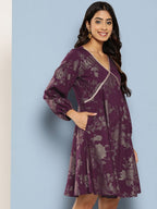 Ahalyaa Floral Print Puff Sleeves Empire Crepe Ethnic Dress - Distacart