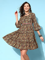 InWeave Women's Brown Kalamkari Print Short Dress - Distacart